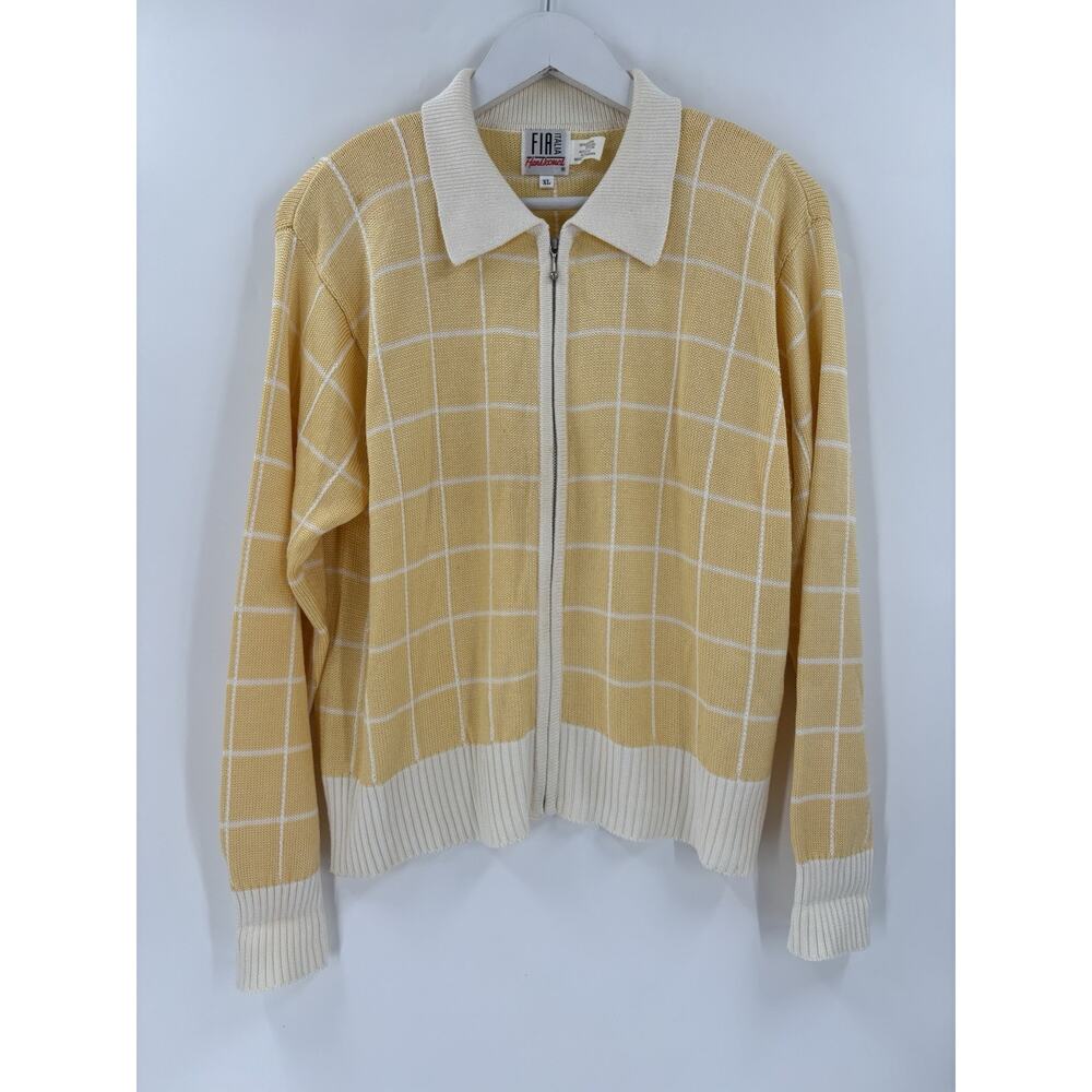 FIA Italia Vintage Knit Jacket Womens XL Yellow White Windowpane Full Zip Collar